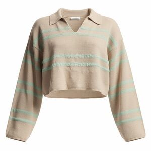 Mable Striped Knit Cropped Sweater Beige & Mint V-Neck Collar M